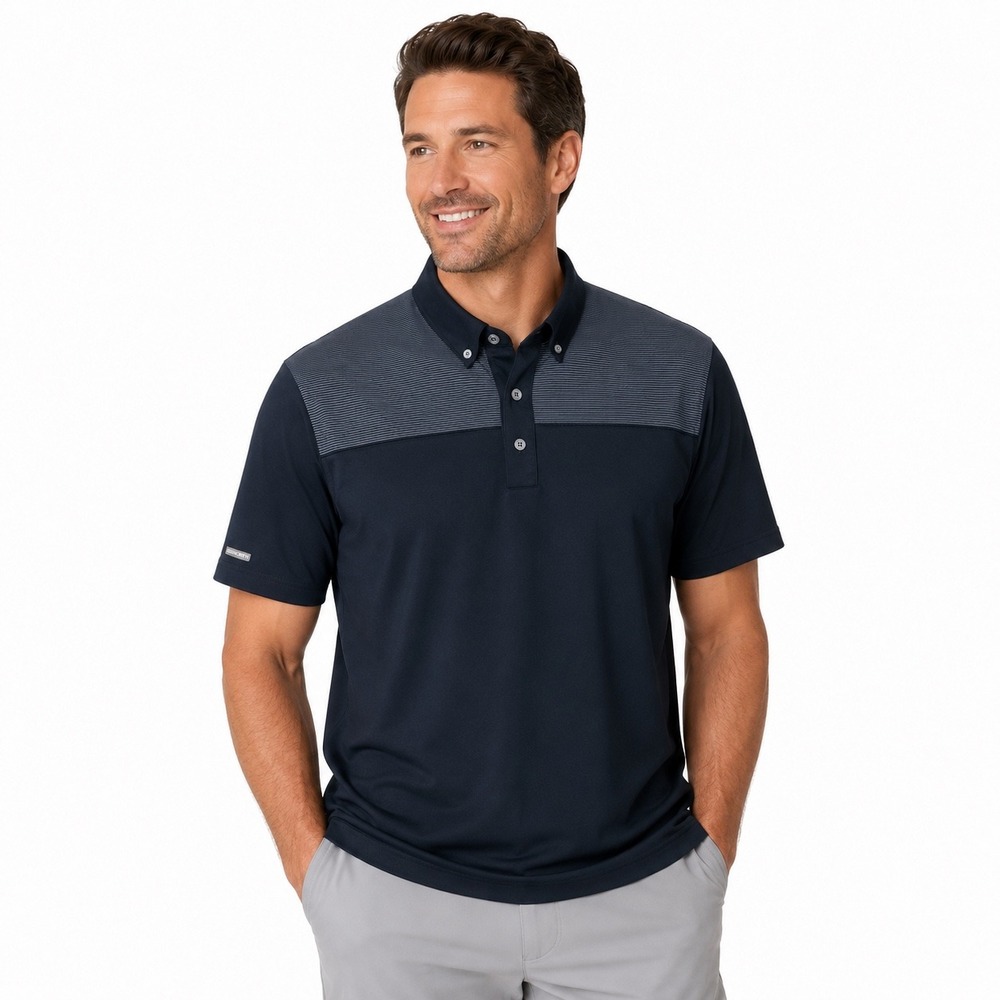 Ashworth Mens 2XL Black Grey Performance Golf Polo Shirt Striped Chest Panel